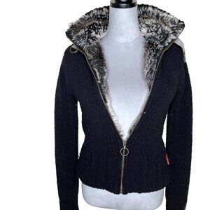 Miss Sixty Faux Fur Lined Sweater Jacket Size Medium Black Gray Wool Thermal S